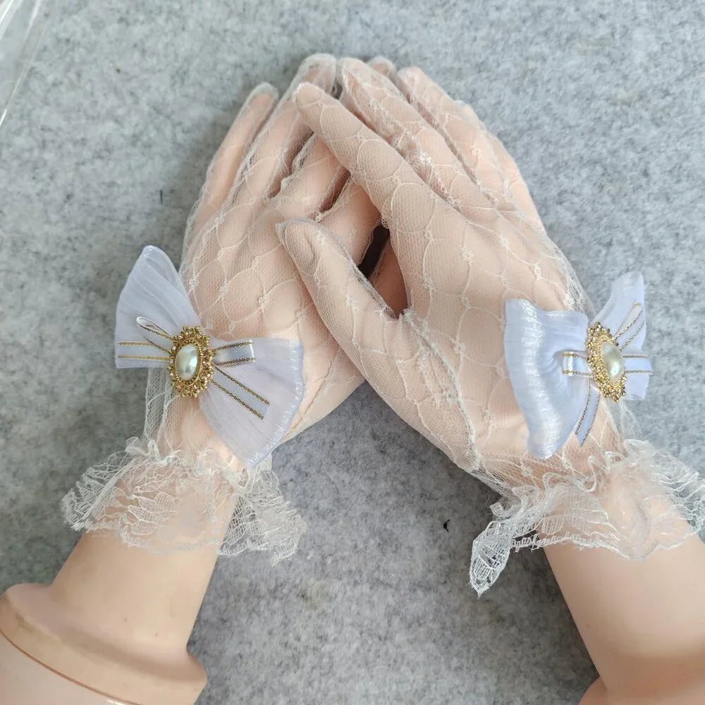 Women's Hand Sleeve White Bow Lace Gloves Wedding Halloween Costume Party Prom